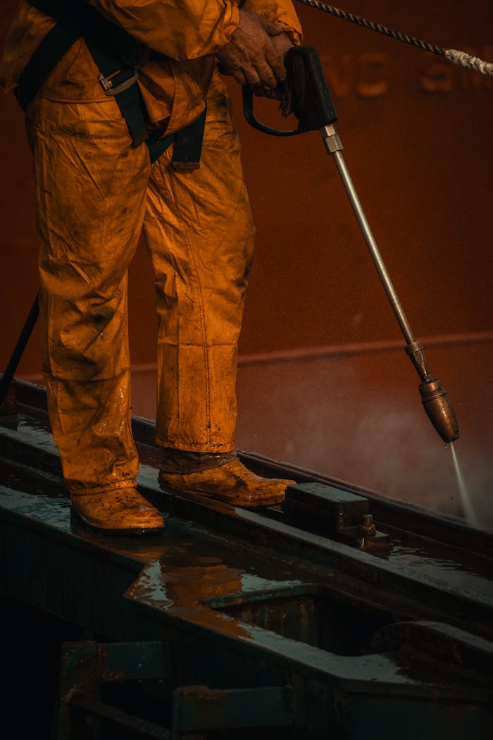 about-06 A worker in yellow safety gear uses a pressure washer on industrial equipment.