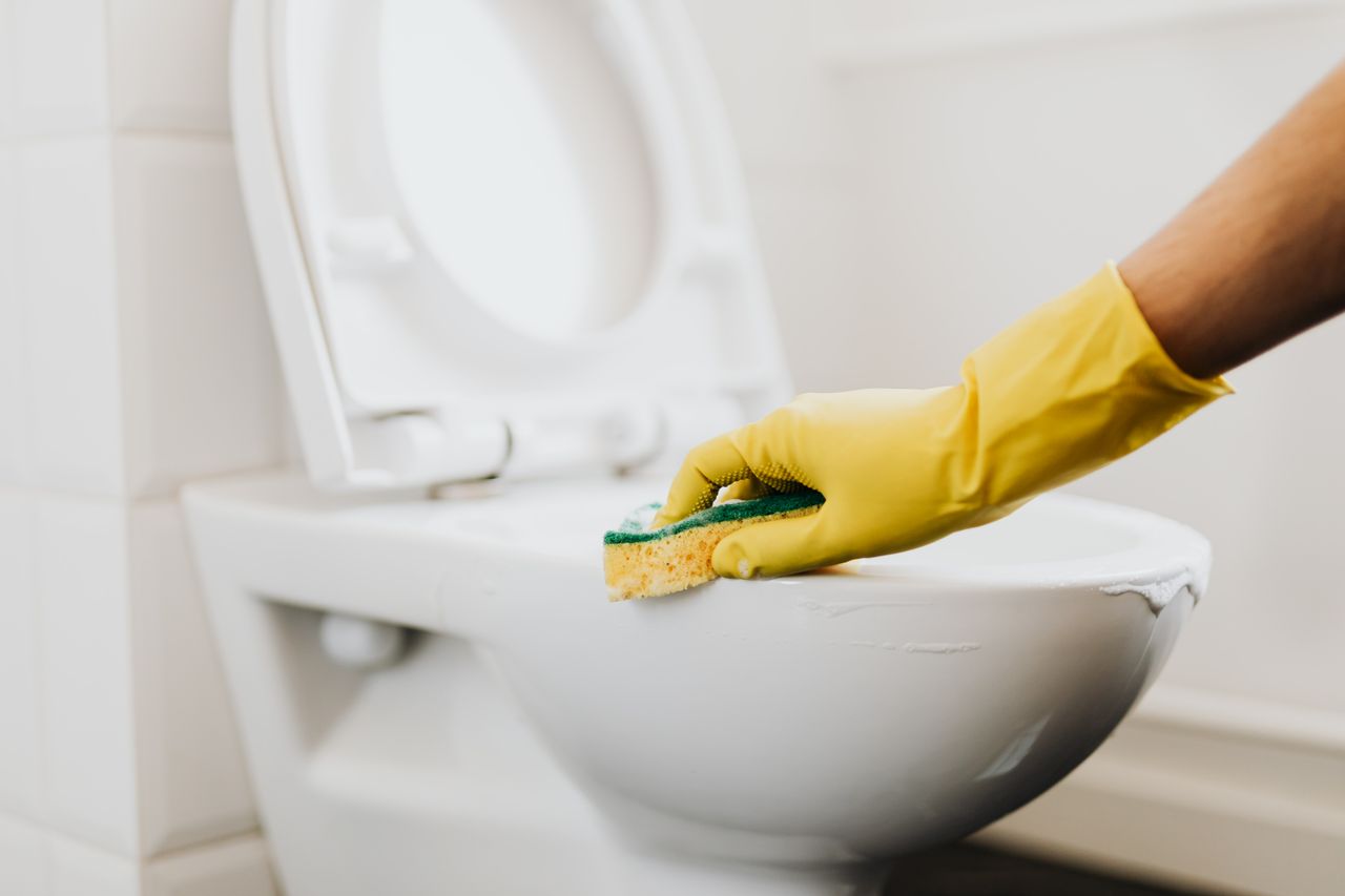about-02 Crop anonymous person in yellow gloves cleaning white toilet rim with detergent and sponge in bathroom